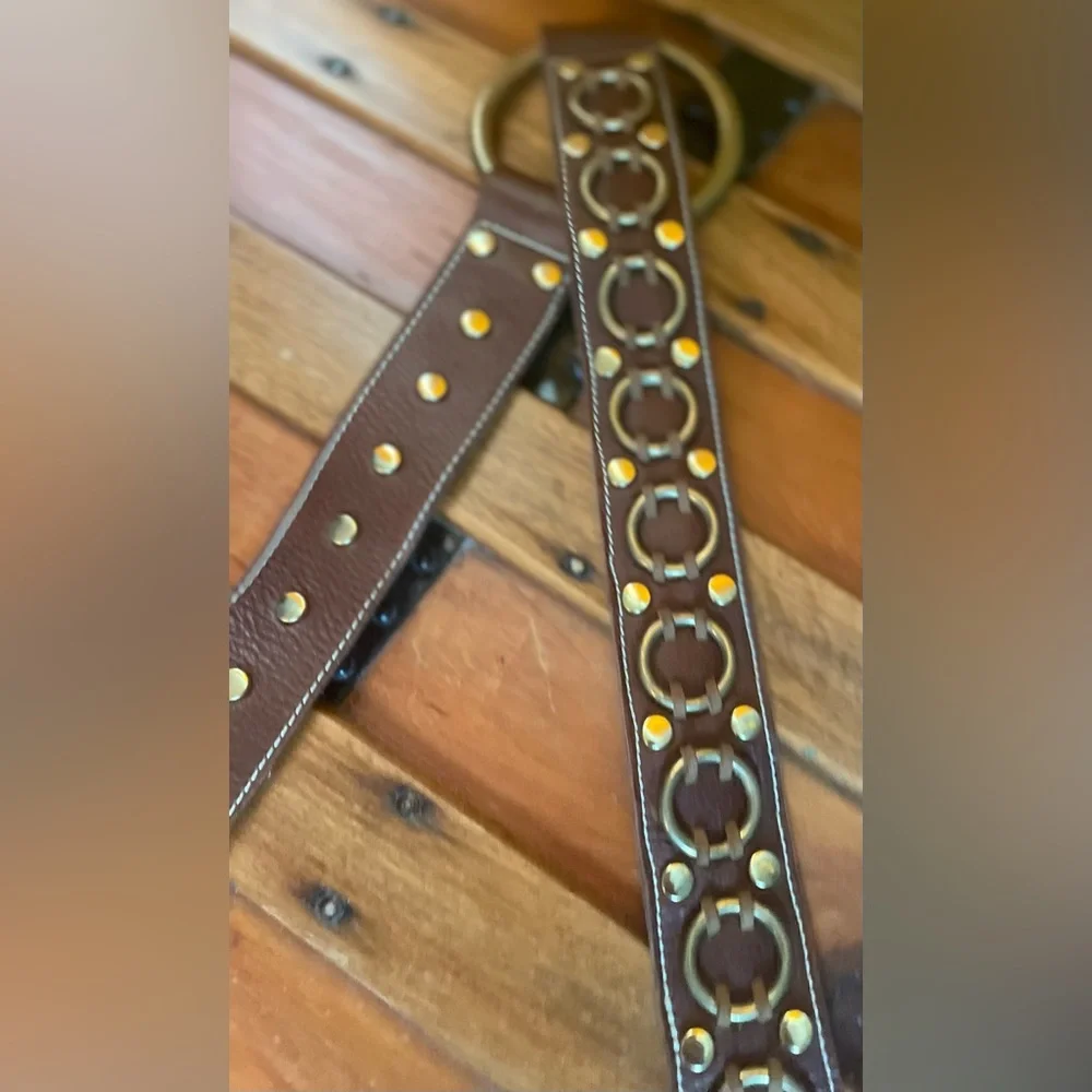 Coco Bianco Brown Leather Gold-Accent Ring Belt